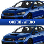 Before and after picture with tint kit on a blue subaru WRX / STI