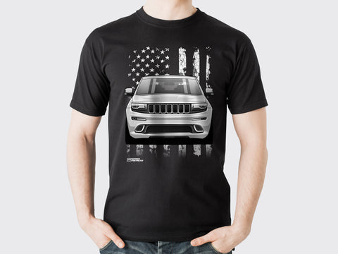 man wearing grand cherokee jeep t-shirt with american flag